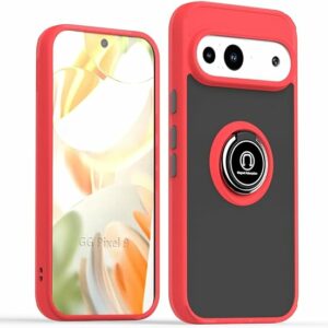 Coque Google Pixel 9 / Pixel 9 Pro – Transparente rouge, Anti-Choc, avec Anneau Rotatif Magnétique Compatible Support
